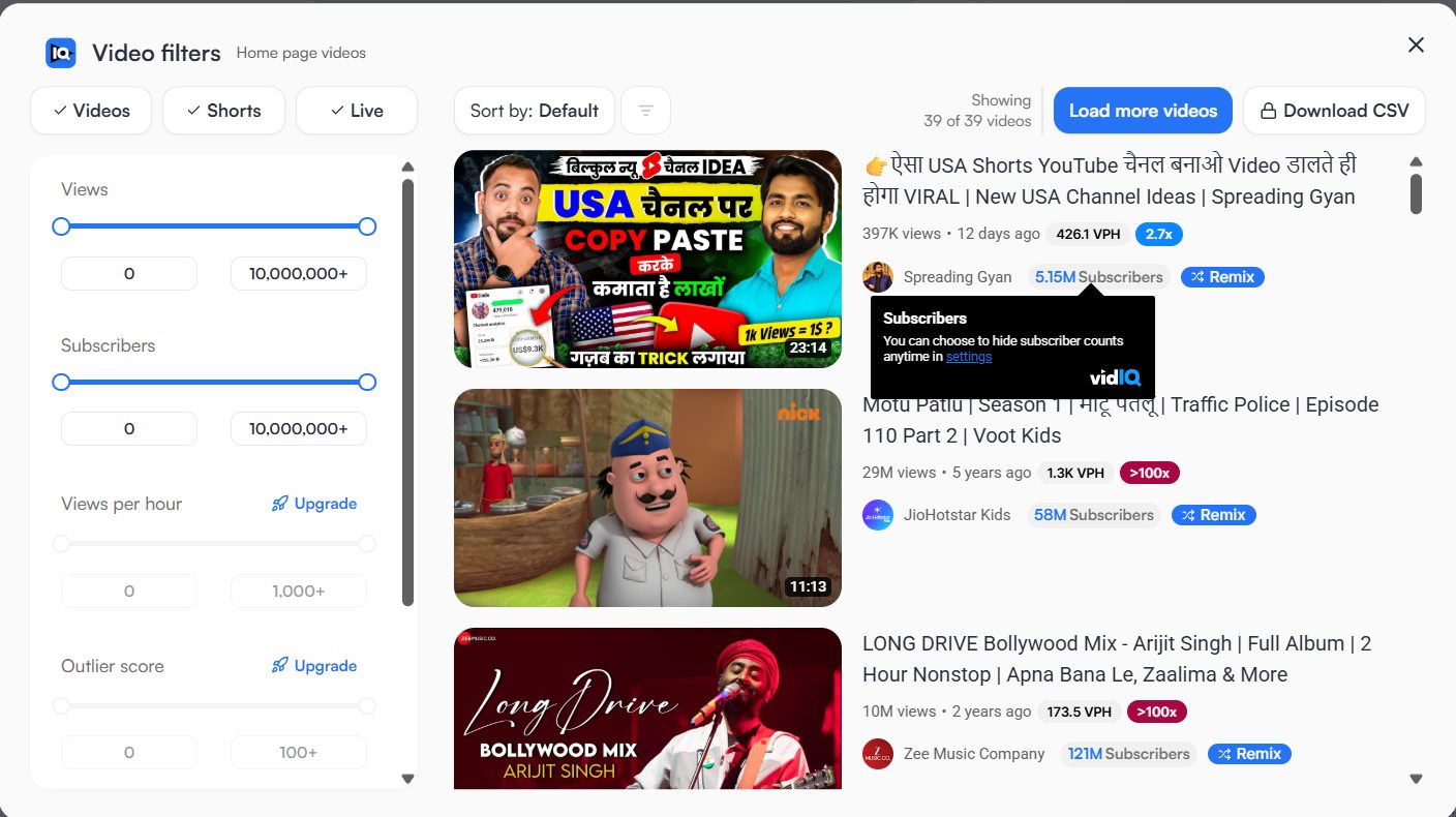 VidIQ keyword research filters showing search volume and competition metrics - youtube keyword research tools