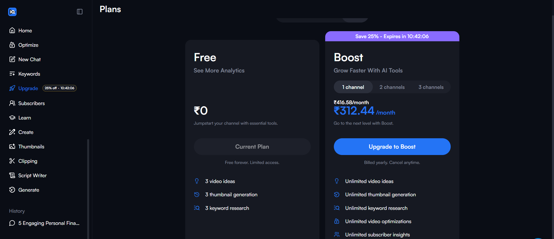 VidIQ pricing plans comparison showing free, pro and boost tiers - youtube seo tools