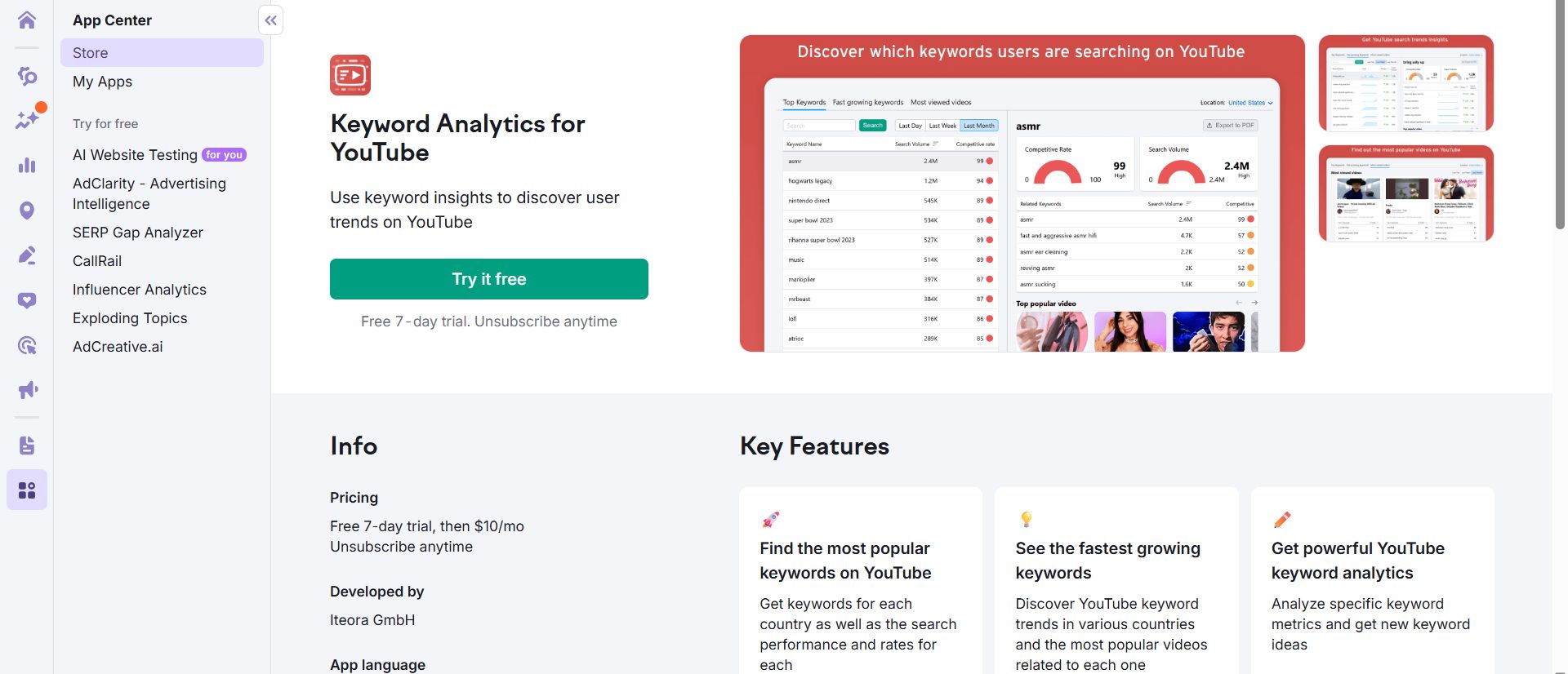 SEMrush Keyword Analytics for YouTube App interface