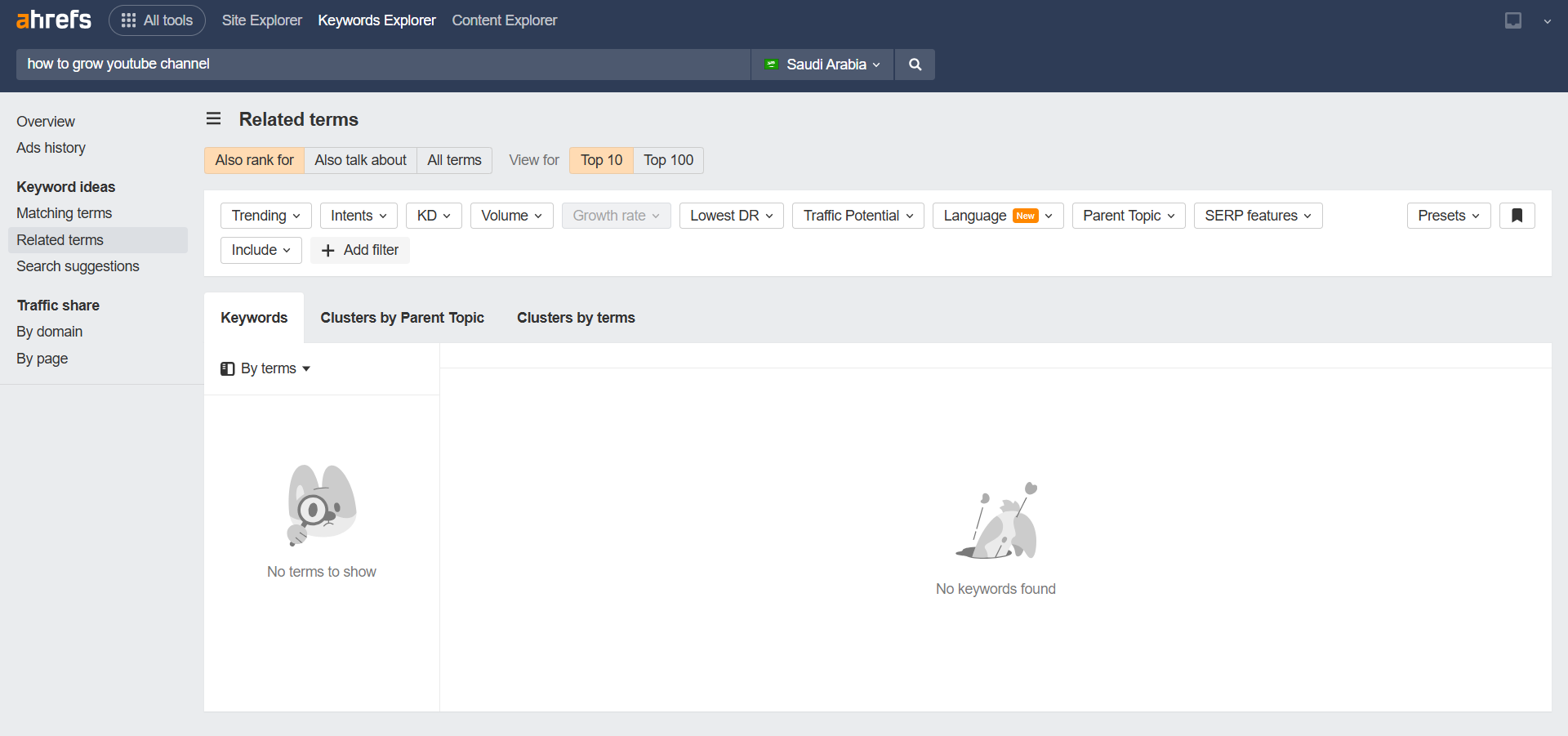 Ahrefs showing related keyword terms
