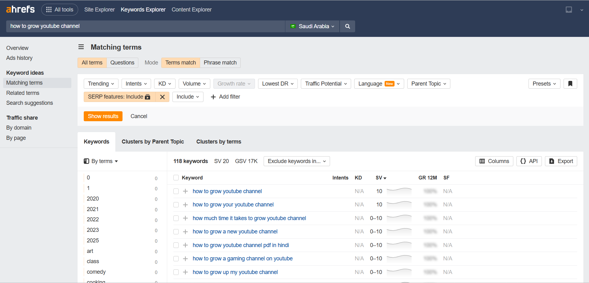 Ahrefs SERP feature filter for videos