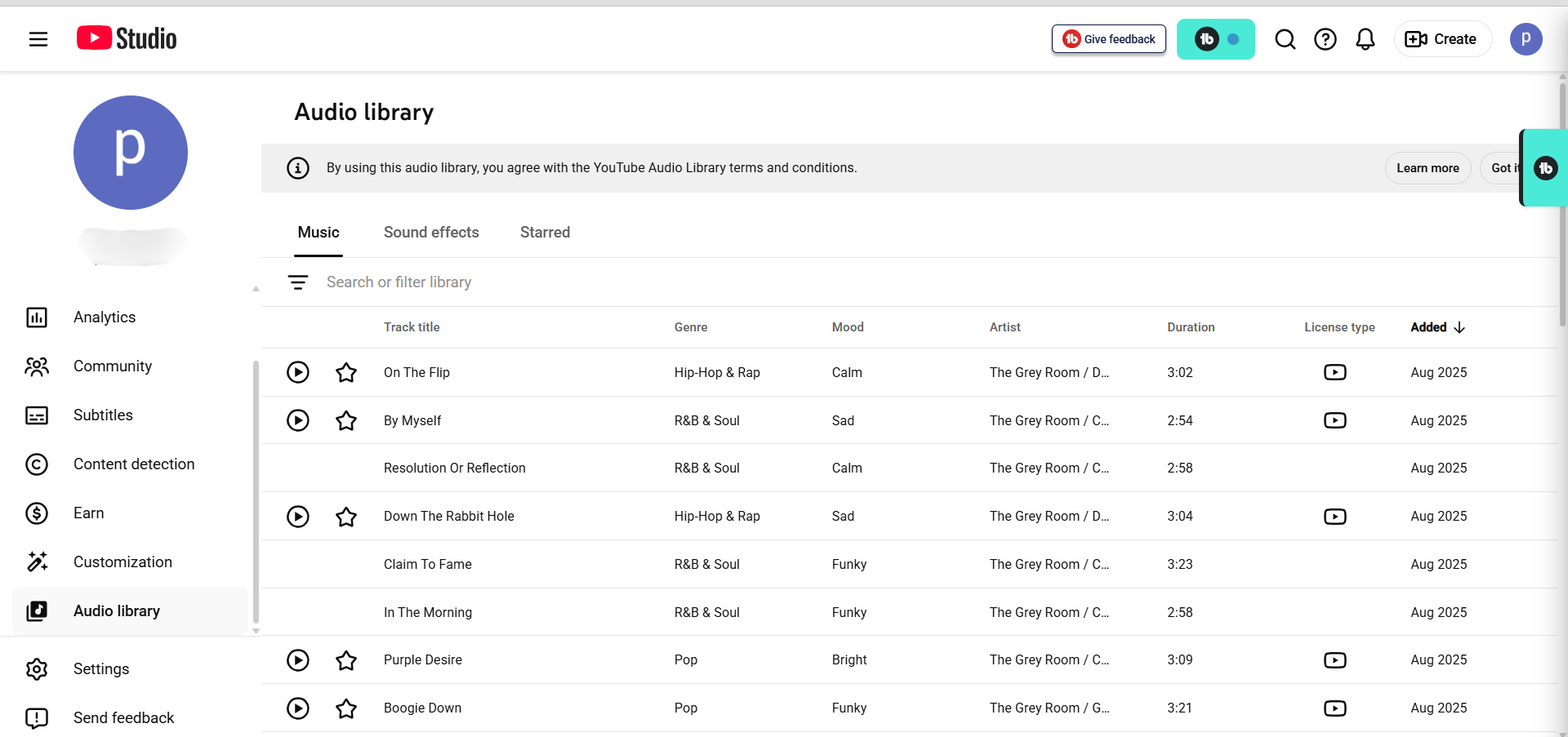 YouTube Studio audio library showing free music and sound effects resources - youtube seo tools