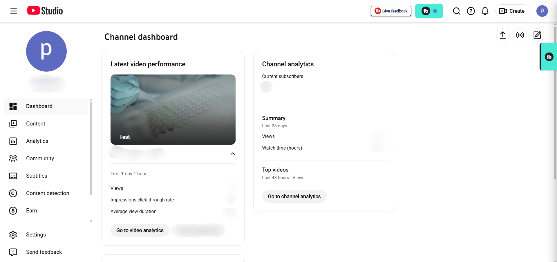 YouTube Studio channel dashboard showing views, watch time, and subscriber metrics - youtube channel analytics tool